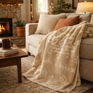FRYE Silky Soft Throw Blanket 50x70 Beige & Tan Southwestern Geometric Pattern